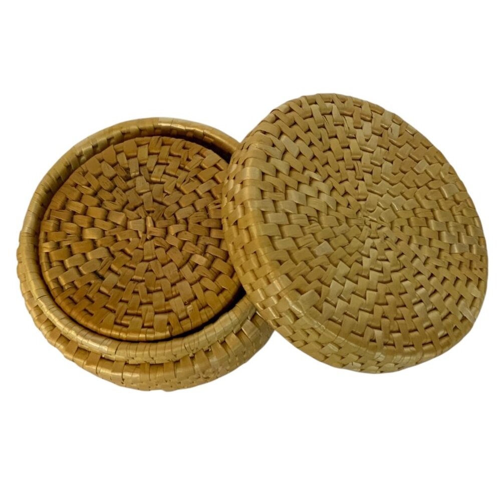 Handwoven Straw Coaster Set With Matching Storage Box Wicker Kitchen Decor - Picture 3 of 5